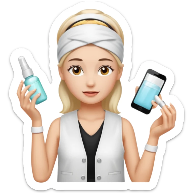 Clean girl aesthetic emoticons, apply skincare products, headband, glowing skin, white vest, soft lighting sticker