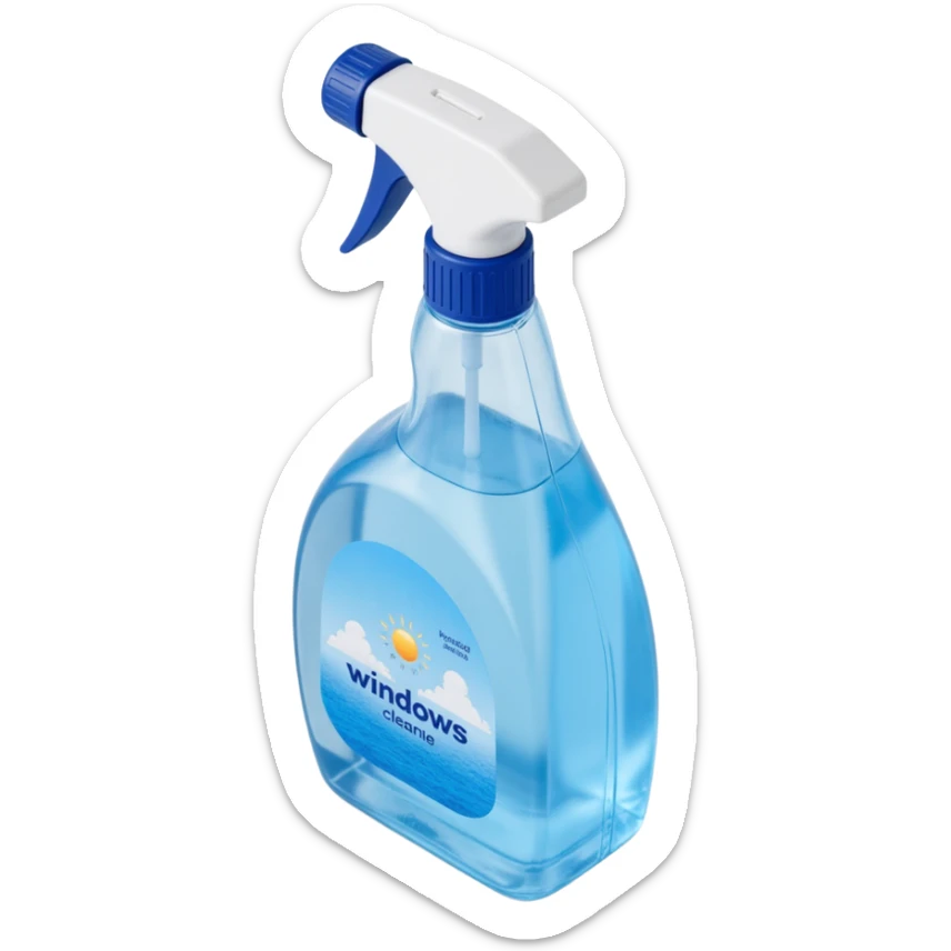 skeuomorphic 3D window cleaning spray bottle, detailed plastic texture, visible label, blue and white color scheme sticker