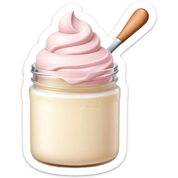 ultra realistic round single scoop of vanilla bean ice cream in light pink short jar no spoon sticker