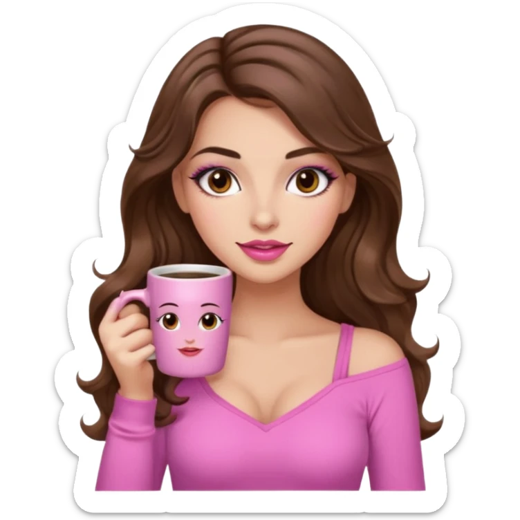 girl with long wavy brown hair, brown eyes, long lashes, makeup, ,sexy pink lips, light to medium complexion, pink sexy top, with a coffee mug sticker