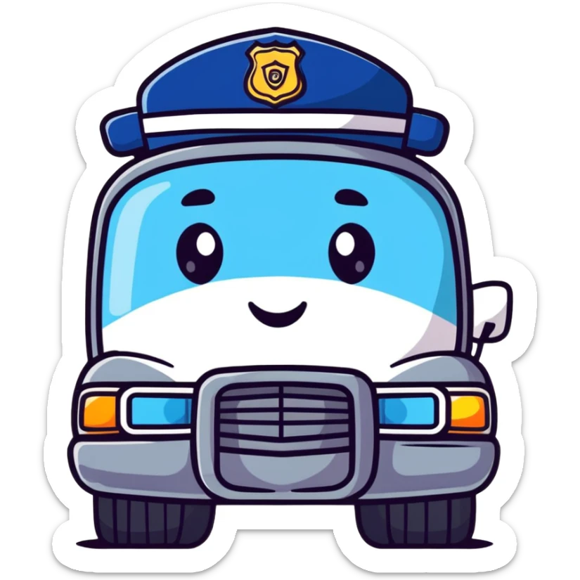 A cartoon police car character with a cute face, flashing lights and a small badge sticker