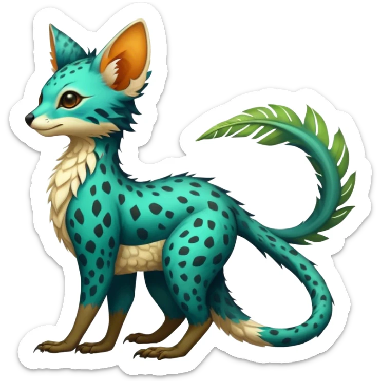 Feral Rare Fantasy vibrant tropical Vernid-Trico-species by LiLaiRa, random markings, tufted tail, tufted ears, full body sticker
