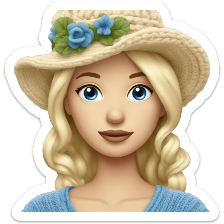 beautiful finnish blonde woman with blue eyes knitting floral hat sticker