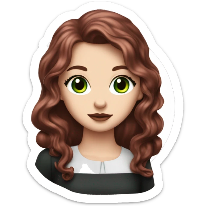 a white girl with dark red burgundy wavy hair and black eyeliner and green eyeseating a huge piece of chocolate cake  sticker