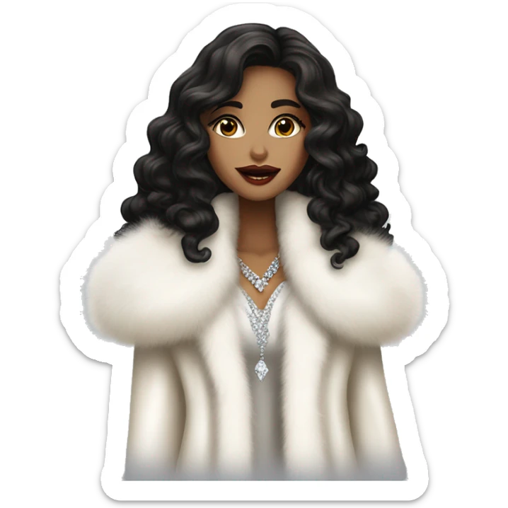 pretty elegant light brown woman with diamonds long black curly hair  and white fur coat and big lips sticker