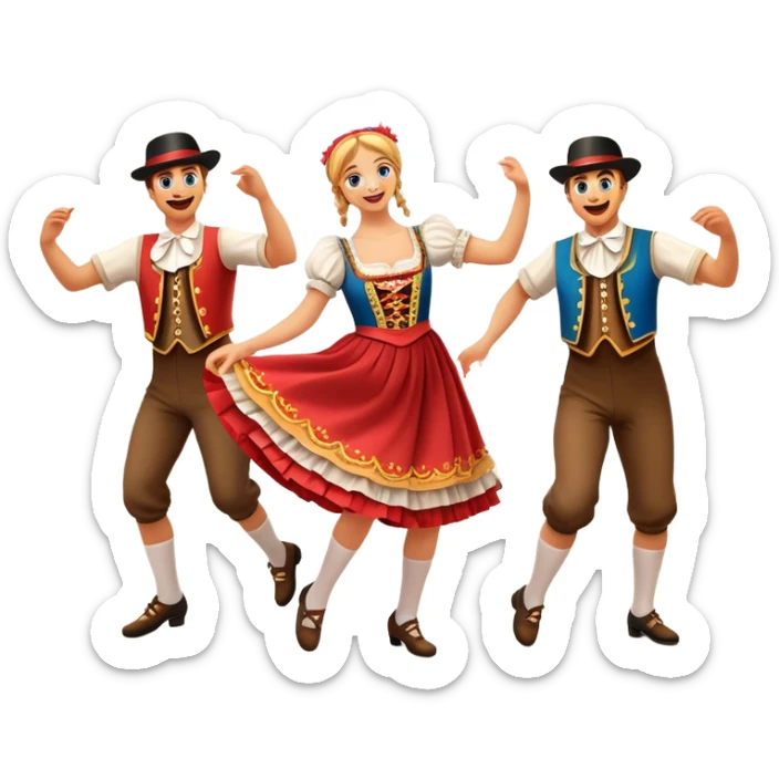 Cinematic Realistic Schuhplattler Dance Emoji, depicted as a lively traditional folk dance scene with performers in authentic Bavarian costumes, rendered with dynamic textures and festive natural lighting that captures the spirit of rural celebration. sticker