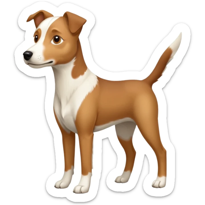 a full body large white parson russell looking dog the size of a kelpie with light brown flapped down ears and a light brown patch on one eye and a large snout sticker