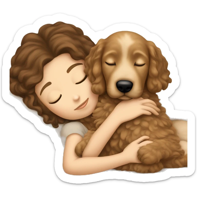 White girl brown hair sleeping with golden doodle puppy  sticker