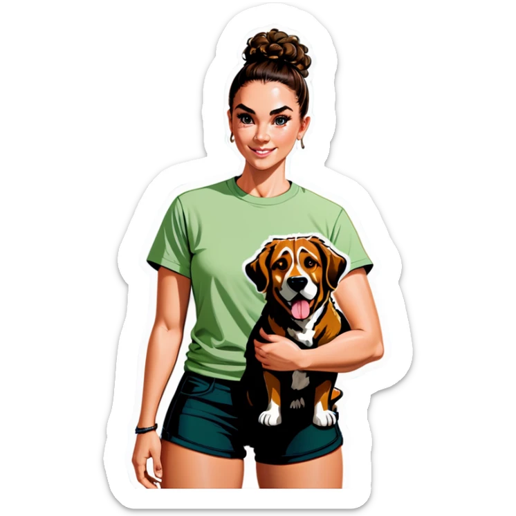 Girl with a burnette curly bun, strong build and a sage green T-shirt with a big dog sticker