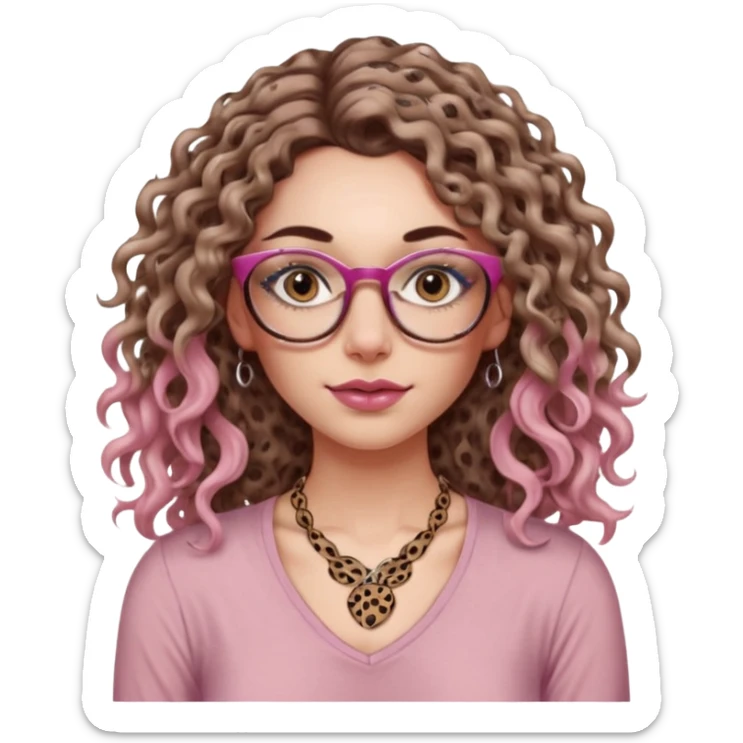 a gray eyed woman with light brunette long curly hair, full lips, pink soft blush and pale skin with leopard printed thin round-ish glasses wearing a silky brown top, a neck tatto that is in the middle of the neck so tiny saying before sunrise in a dactilo font. sticker