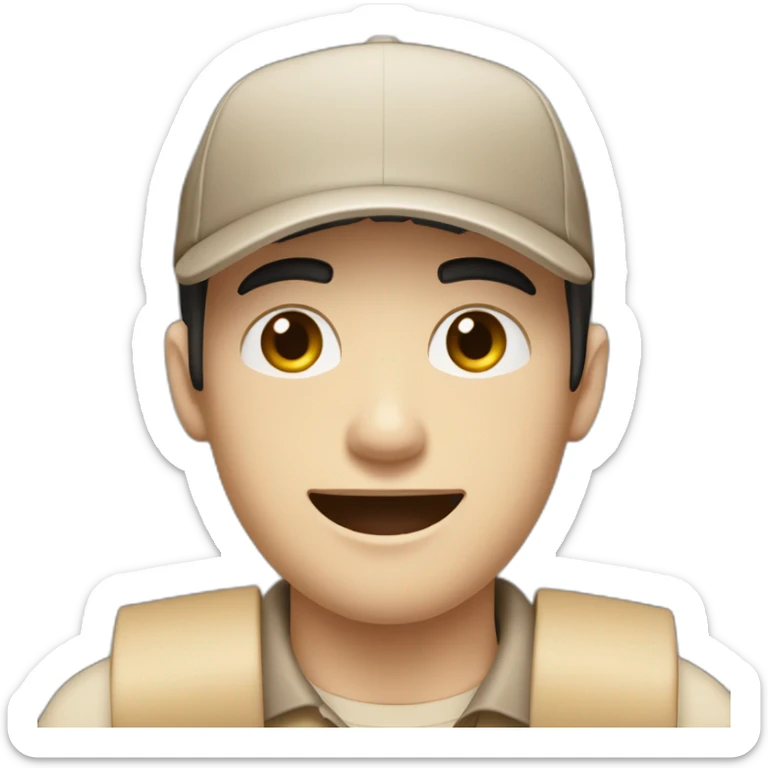 Pale skinned fit Man with black hair in a brown cap and beige polo T-shirt keeping a pasted box into his hands sticker
