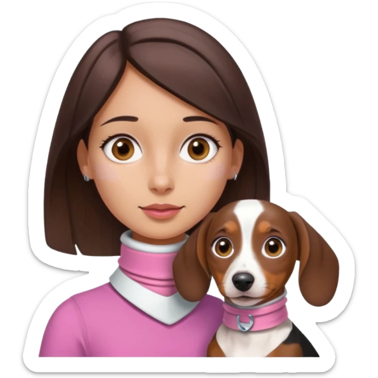 a brunette girl, olive skin, hazel eyes, pink top, neck brace on her neck because she’s injured , piebald dachshund next to her only brown and white sticker