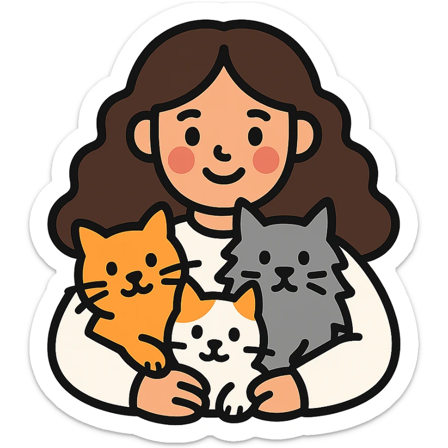 a girl with long dark brown curly hair, wearing a white sweater, hugging an orange cat, a grey Maine Coon, and a white cat with spots, color outline icon style sticker