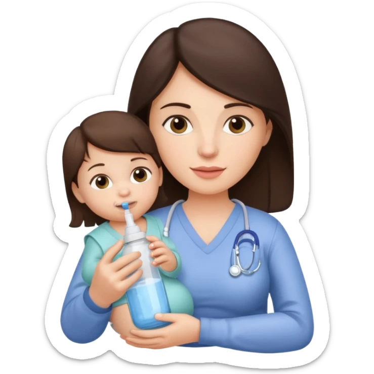 Brunette Mother holding a baby bottle with milk and a vaccine syringe sticker