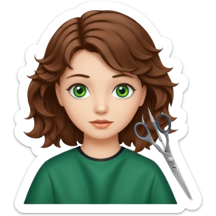 Girl with green eyes and brown wavy hair getting haircut with scissors sticker
