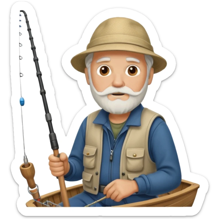 an old white haired, bearded man in fisherman attire, sat in a boat at sea, holding a fishing rod, with the end of the fishing line in the water sticker