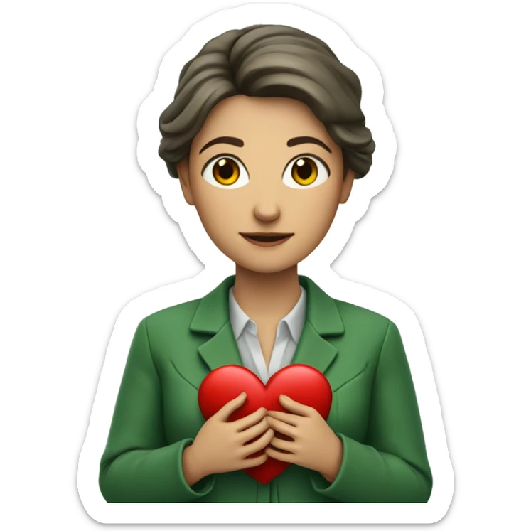 A European female teacher in a green jacket holds a heart in her hands sticker