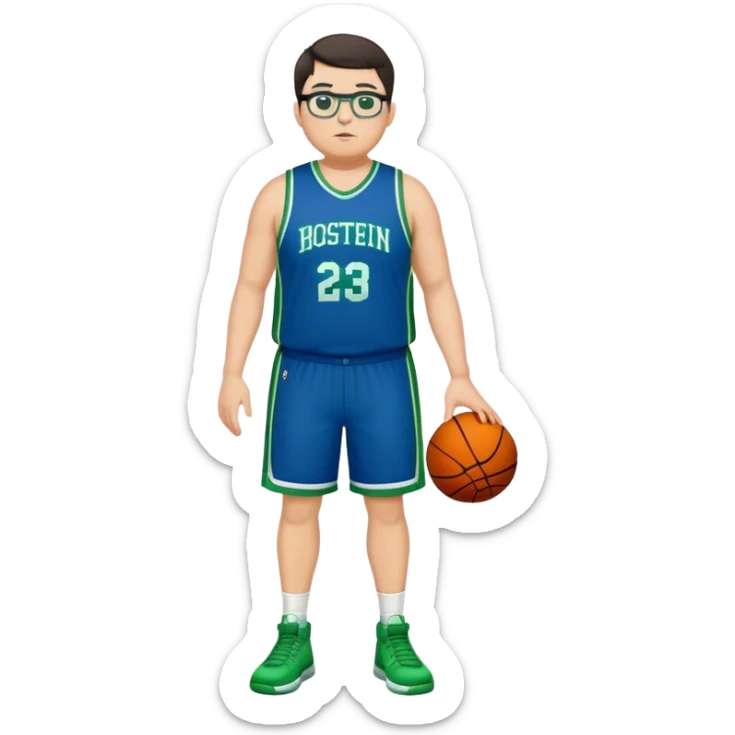Full Body tall plus size white male with dark short hair basketball player wearing glasses wearing blue green uniform sticker