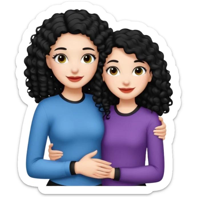 White girl with black curly hair and makeup on hugging a white girl with black pin straight hair with makeup on smiling sticker