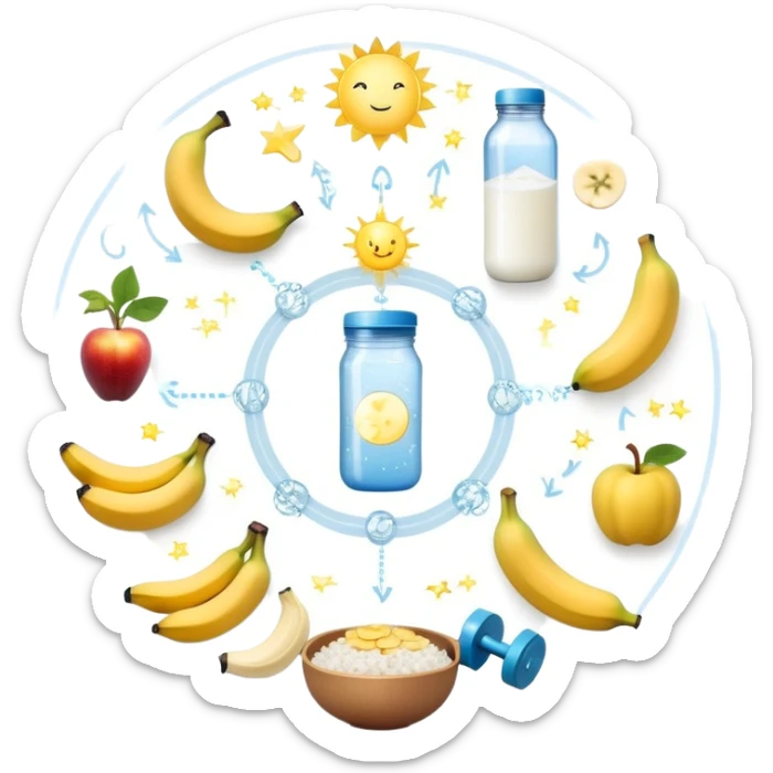 Magical fitness system: water bottle, sun, rice bowl, banana, dumbbell, yogurt, fruit, and moon arranged in a circular flow chart with ethereal glowing connections and sparkles, each item separate but part of one system sticker