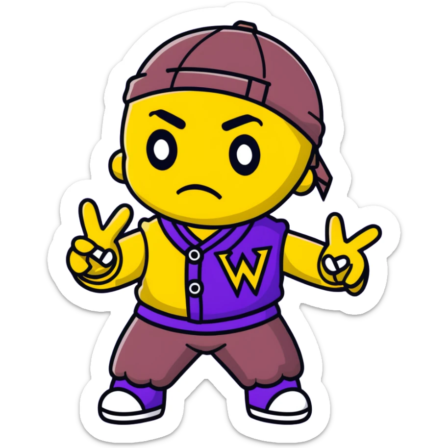 voodoo doll wearing wu-tang clan yellow and black outfit with W logo sticker
