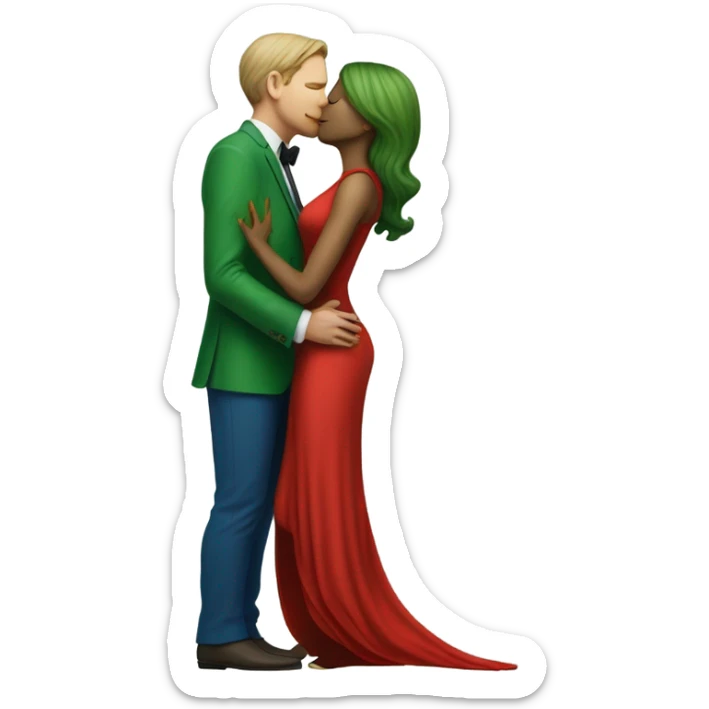 Beatiful tall green skin female reptilian in red dress, kissing white man in blue dress, full figure, full body sticker