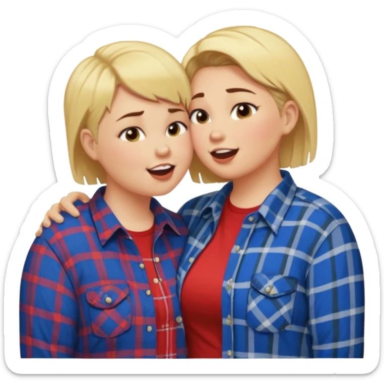 Chubby lesbian with medium brunette hair kissing tall butch lesbian with huge teeth and blonde short hair sticker