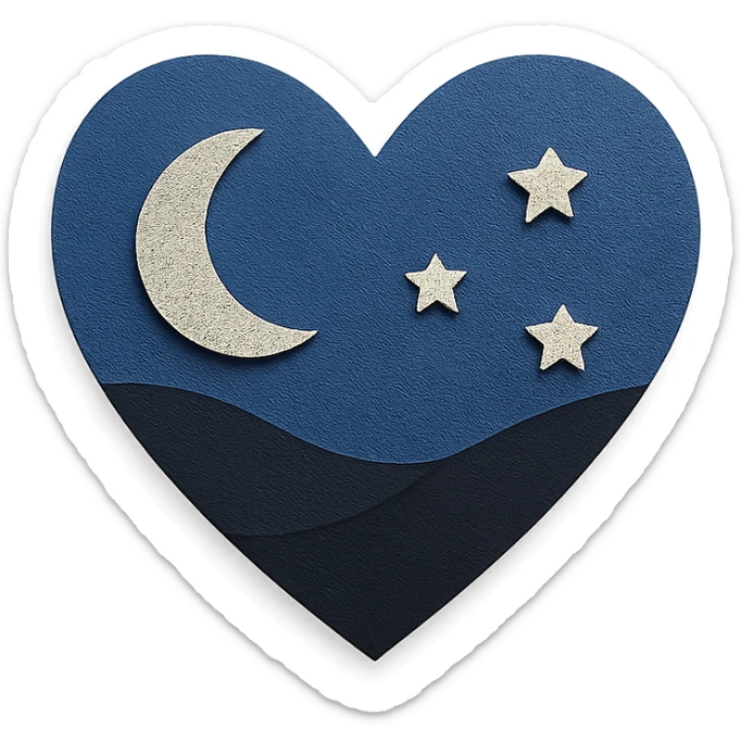a heart in a midnight color palette, deep blue and black, with subtle stars or a moon motif sticker