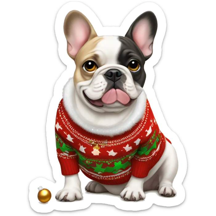 tan female french bulldog in christmas sweater with jingle bells sticker
