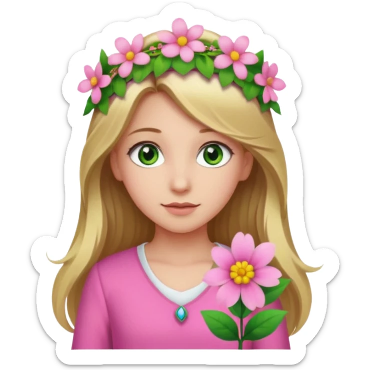 Girl profile picture with long browne and blonde hair and green eyes and a flower in her hair. and a pink outfit sticker
