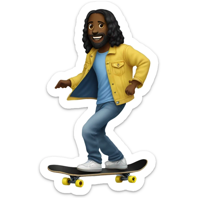 Black Jesus Ollie skateboarding with smiley face T-shirt and a denim jacket  sticker