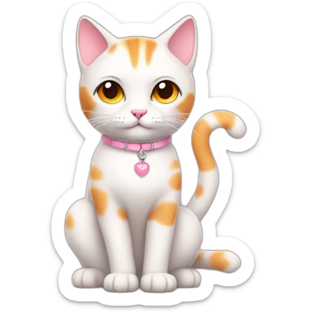 full body white orange cat cute with a small black eyes and a paw pink necklace sticker