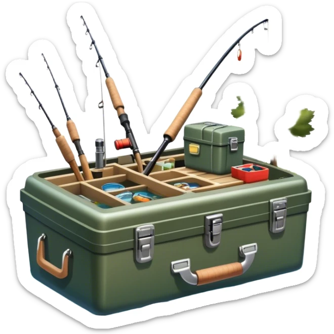 Icon for Fishing: a boat on the shore of a peaceful water body with a beautiful natural landscape, a fishing tackle box, a spinning rod. The icon should capture the tranquility and gear of a fishing adventure. Without frame. Transparent background. sticker