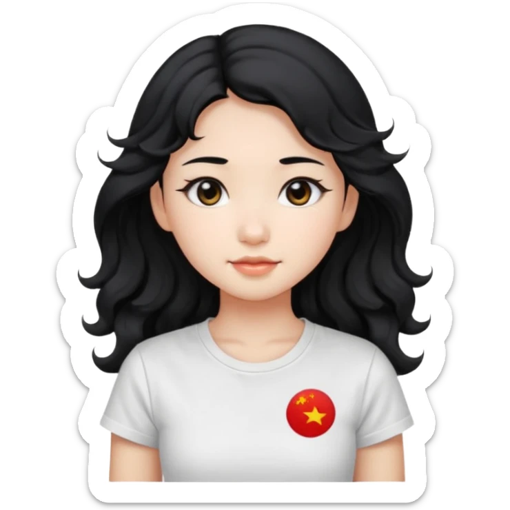 Cute beautiful girl,Black hair,wavy long hair, Black eyes, white T-shirt, Chinese  sticker