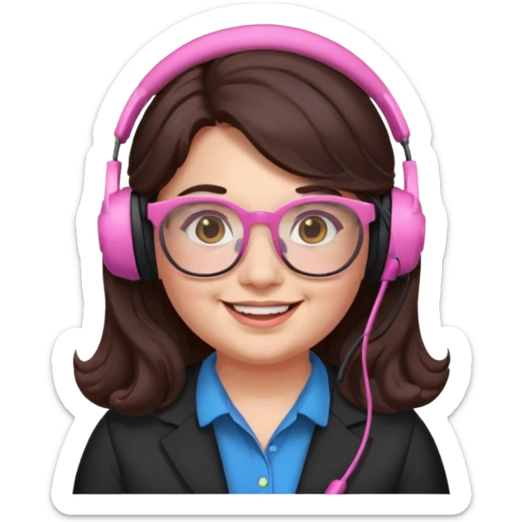 chubby English teacher, smiling, pink glasses, long wavy dark brown hair, face only, subtle gamer headset, classroom background, emoji style sticker