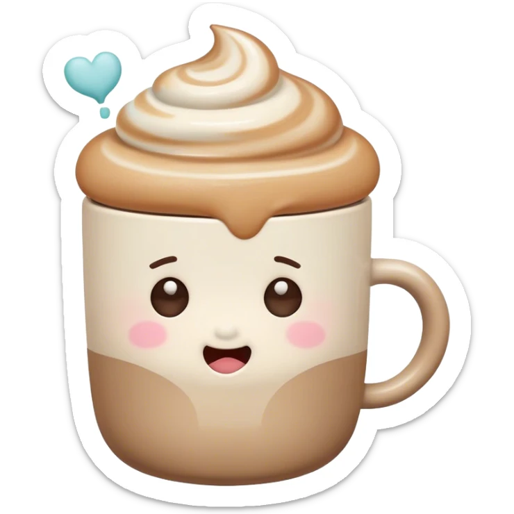 Cute Kawaii Coffee Cup, cozy and warm, a tiny swirl of steam shaped like a heart, round chubby face with a sleepy but content expression, soft pastel brown and cream colors, perfect morning vibes! sticker