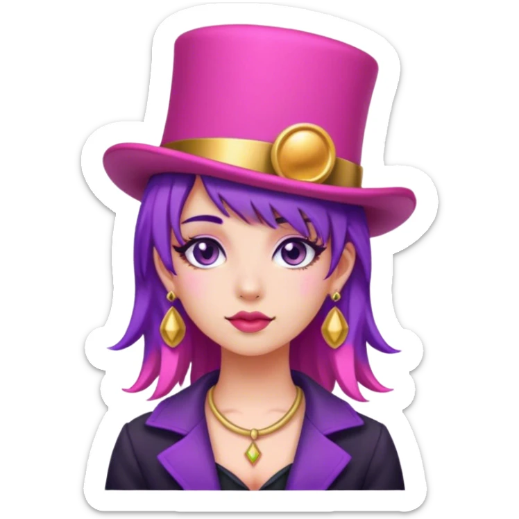 a girl with a pink tophat and purple hair with gold earring sticker