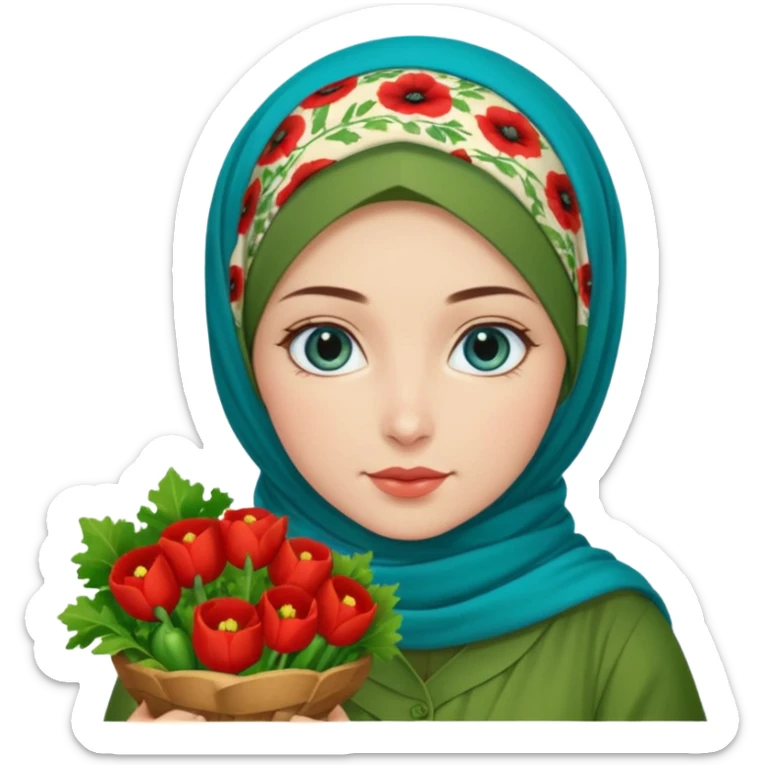 Turkish beautiful finish Konya girl blue eyes with poppy floral hijab and green red dress and she had on her hand vegetables  sticker