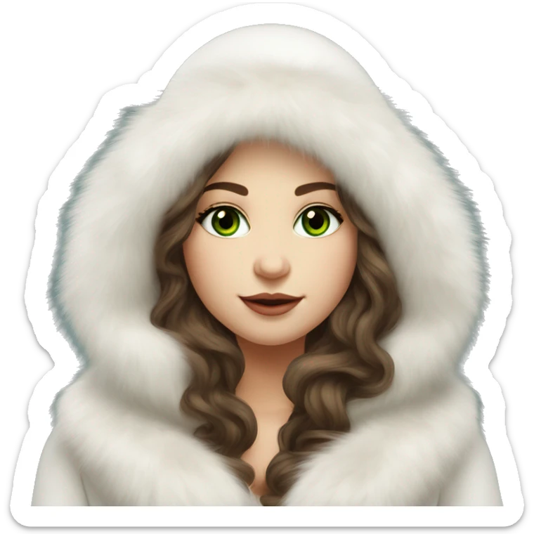 Beautiful Slavic green eyes girl with brown wavy long hair in a white fur hat and white Mink fur coat sticker
