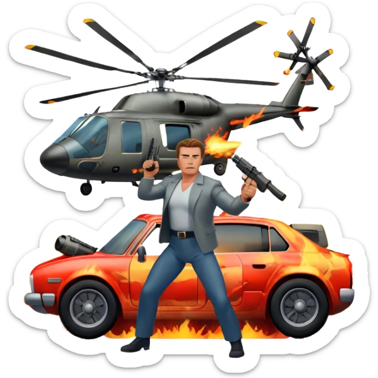 Icon for Action Movies: Arnold Schwarzenegger in the lead role, in an intense action pose with weapons, explosions, a car and helicopter flying out of flames in the background. The design should capture the explosive energy and heroism of classic action films. Transparent background. sticker
