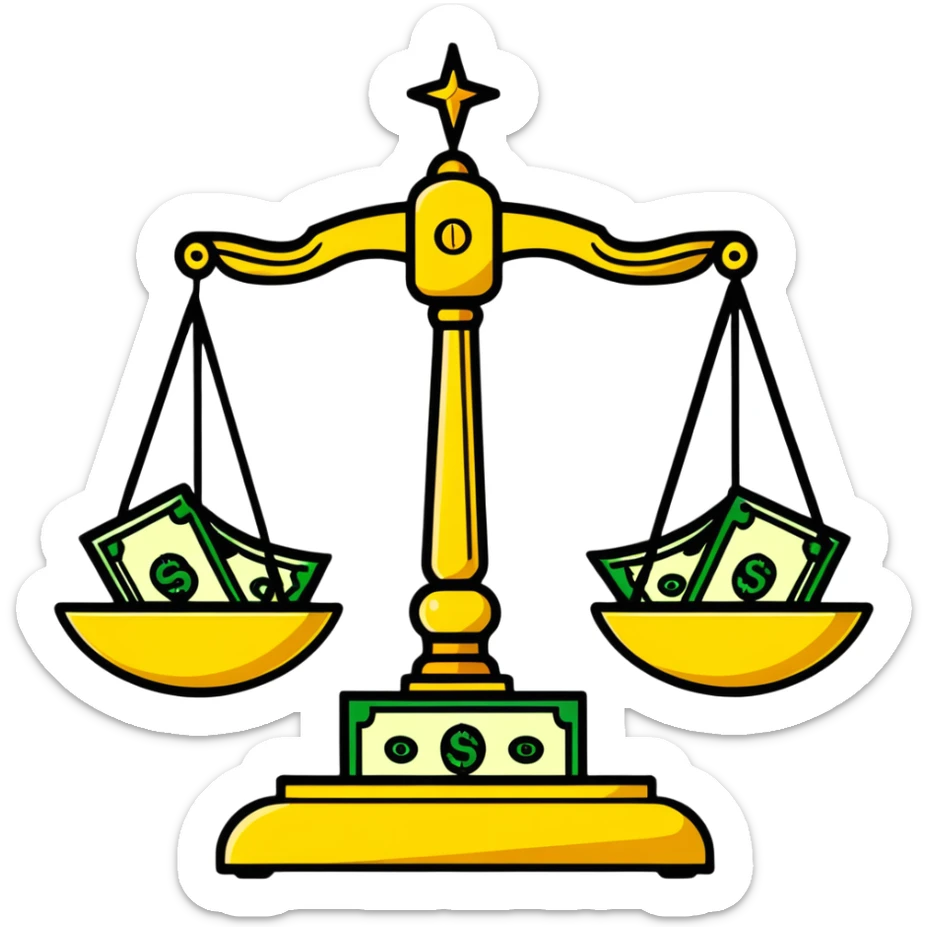 A decorative gold balance scale with green money and dollar signs on one side and three colorful stars on the other side sticker