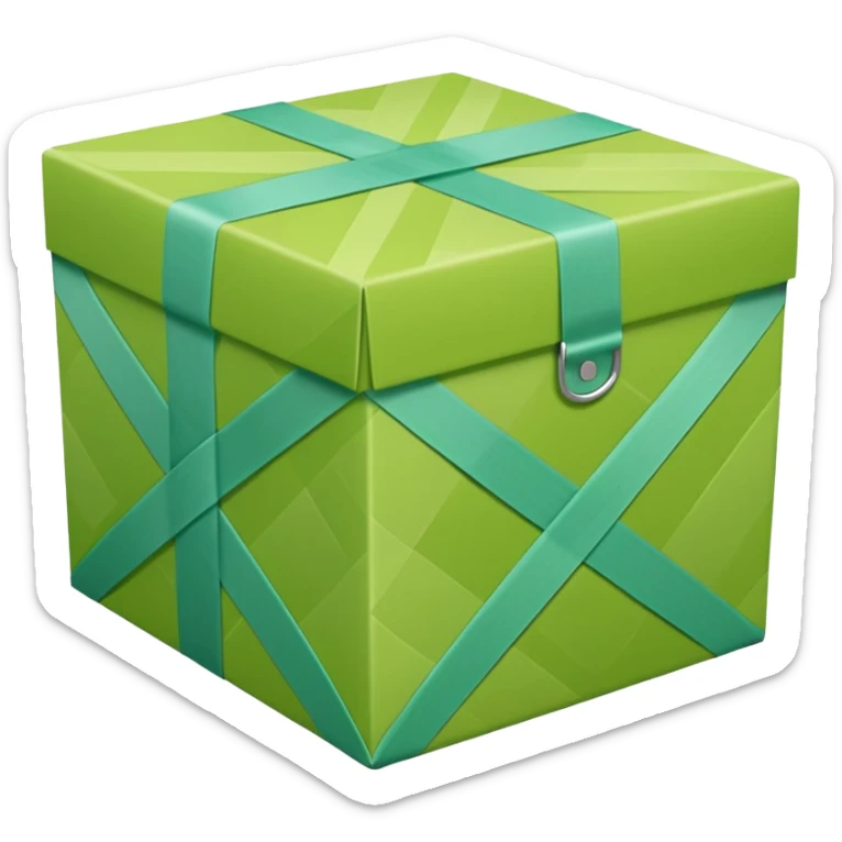 light green shipping box wrapped in tape with crisscross tape pattern, apple style emoji sticker