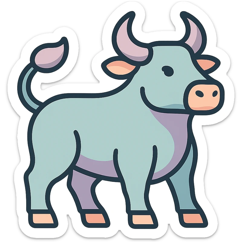 bull, symbol of the year in feng shui, Chinese eastern style, thin clean contours, soft rounded shapes, pastel palette #98B5BC, #B5B3C1, #C9A3C9, #E4C0CA, #F7DCD1, #F7C0AA, detailed shadows and highlights, soft lighting, transparent background, less cute, no decorative elements sticker
