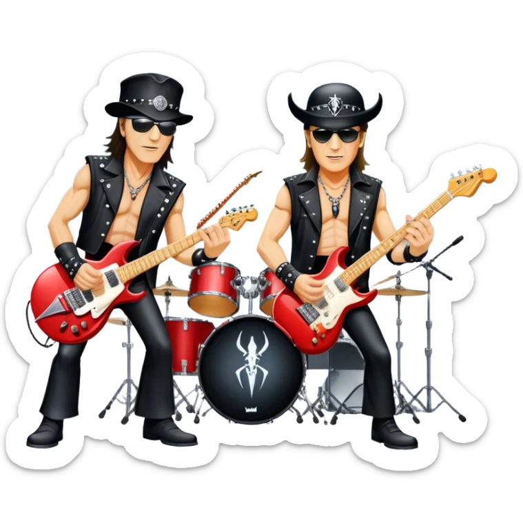 Icon for Rock Music: Scorpions live concert on stage with electric guitars, drums, and a powerful spotlight. Klaus Meine at the microphone, Rudolf Schenker and Matthias Jabs playing guitars, dynamic stage presence, and electric energy. Transparent background. sticker