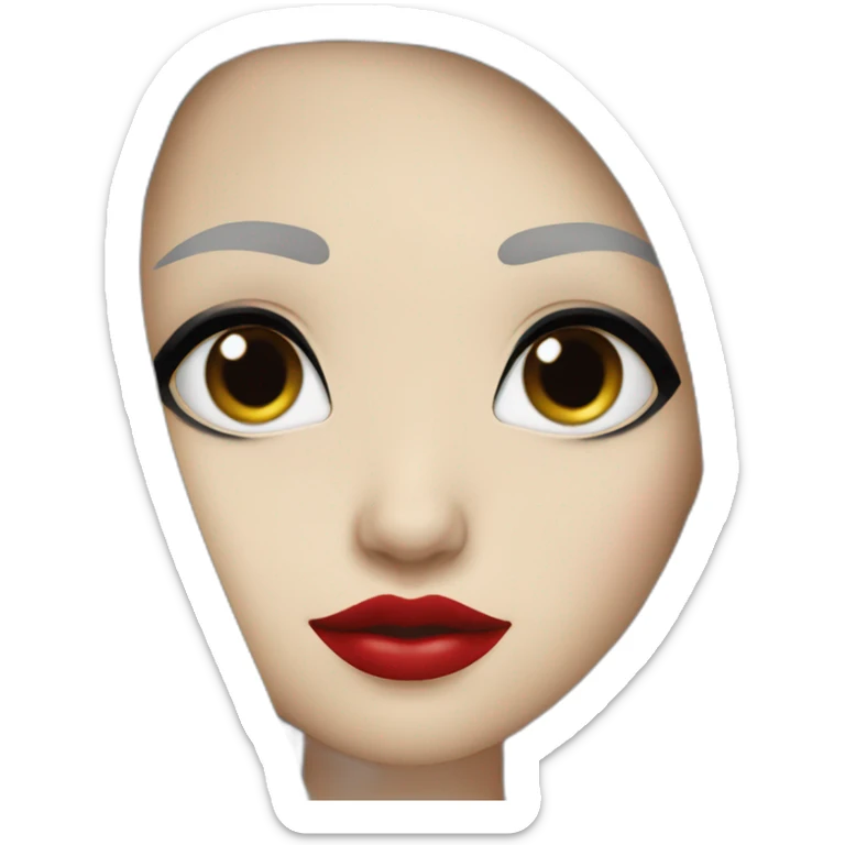 long straight black hair, red lipstick, black eyes, white skin and a small nose sticker