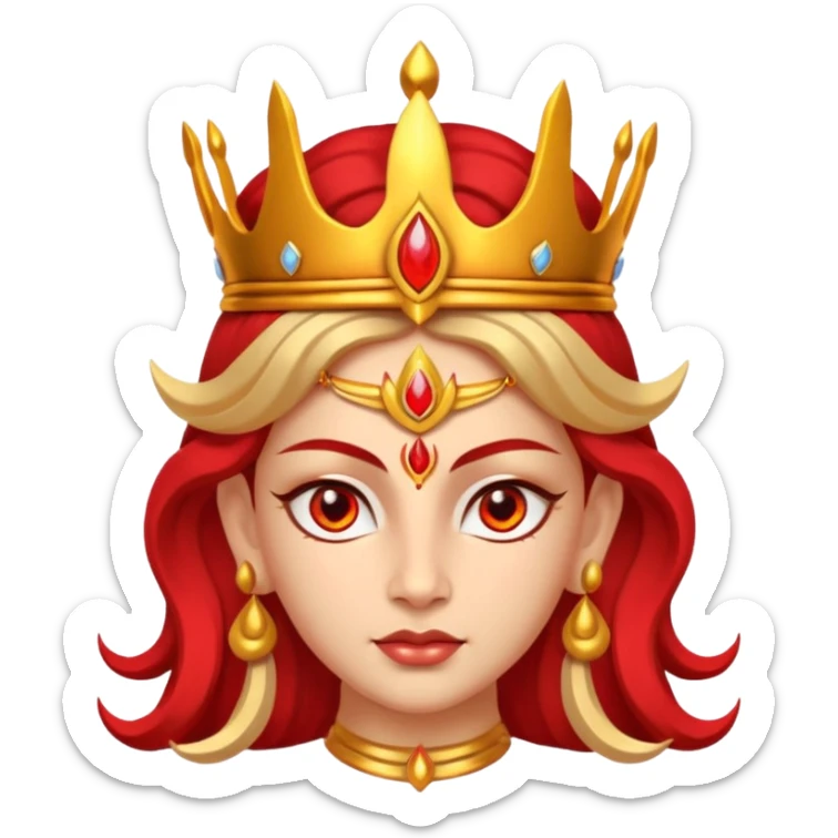 Hindu goddess Durga portrait, head and shoulders only, fierce warrior look, red and gold crown, powerful eyes, divine aura, 3D cartoon, mobile game icon style, clean background, no text, no watermark
 sticker