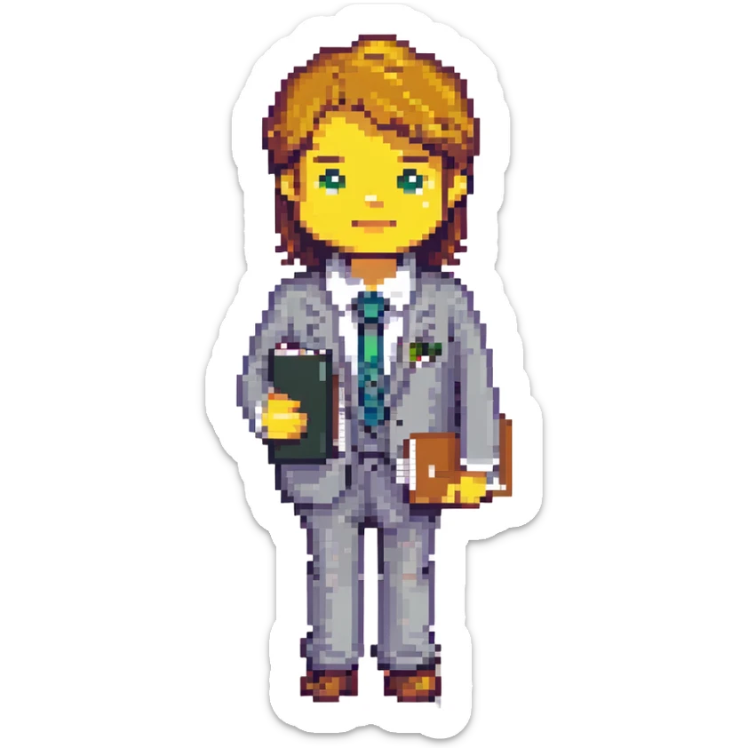 8-bit pixel art icon of a recruiter inspired by Mega Man style, character in business attire holding a clipboard or resume with a friendly expression sticker