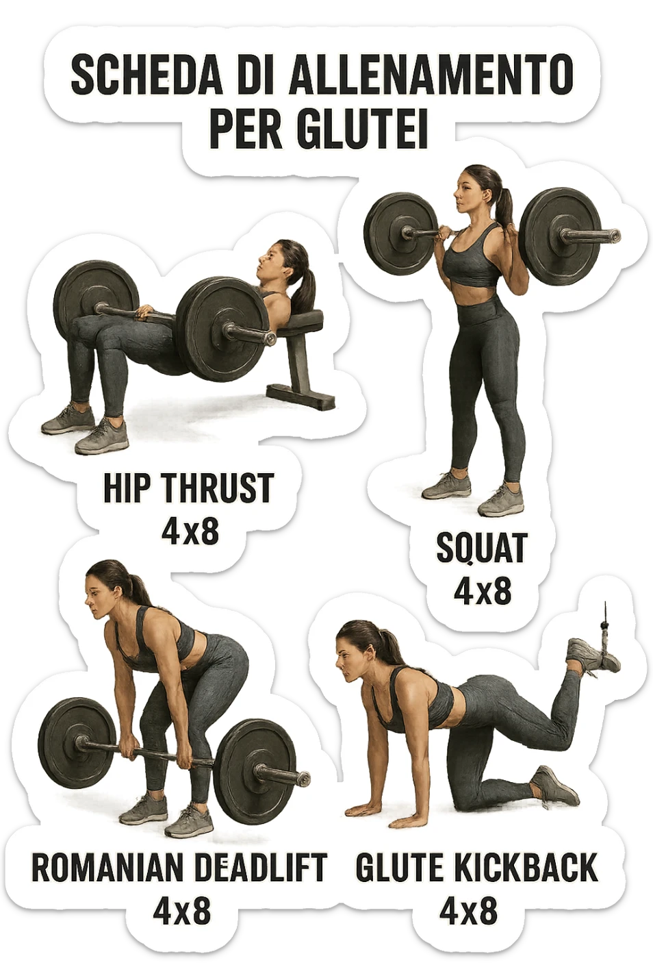 scheda di allenamento glutei in italiano con le reps scritte (tipo 4x8 ecc), iperrealistico 4k sticker