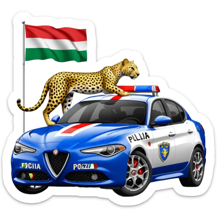 crea auto di servzio alfa romeo giulia colore nero con la scritta sul lato polizia penitenziaria e la un leopardo e la bandiera italiana sticker