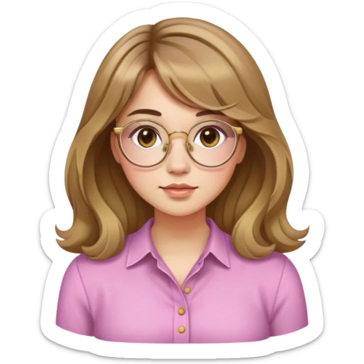 young adult woman with light skin, round face, prominent cheeks, medium plump body, long light brown hair with golden highlights, voluminous and wavy, long bangs over eyebrows, large octagonal glasses with thin golden or light pink frame, casual dark shirt sticker